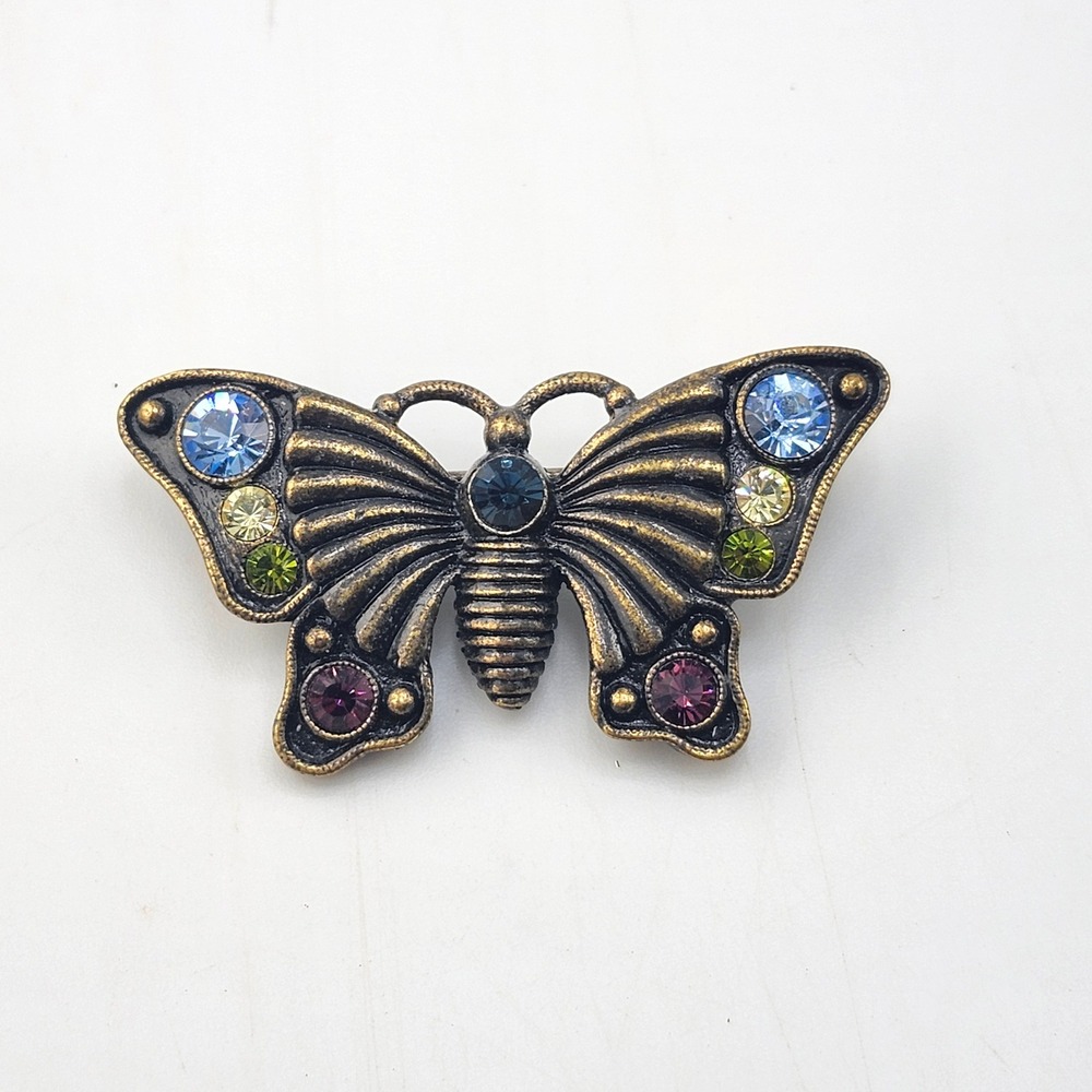 1928 Butterfly‎ Brooch Pin with Rhinestones Bronze Tone Colorful Accent Jewelry